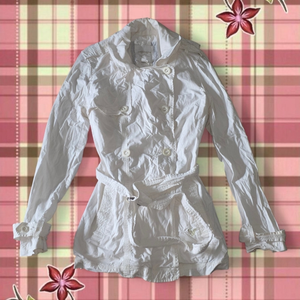 Vintage Y2K Trench White American Eagle Belted Coquette Light Jacket Boho Core